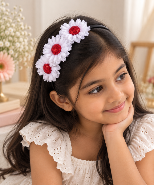 3 Lace Flower Hairband- White Red