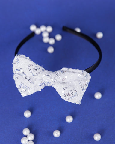 Sequins Embellished Bow Hair Band-White