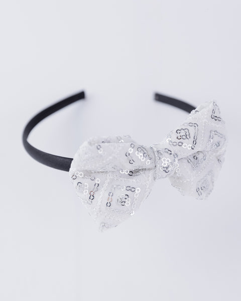 Sequins Embellished Bow Hair Band-White