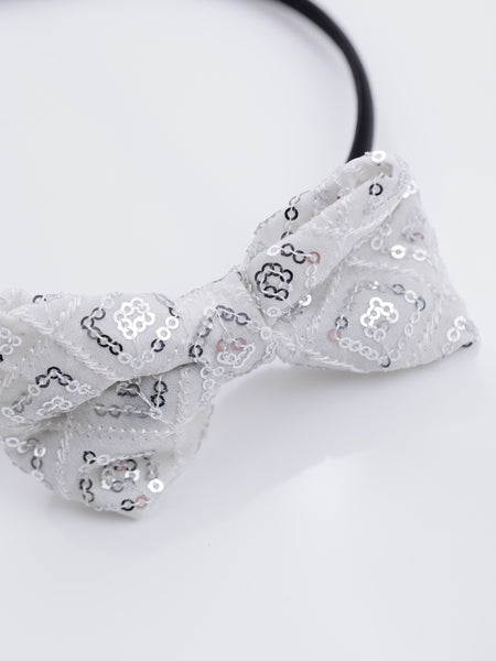 Sequins Embellished Bow Hair Band-White