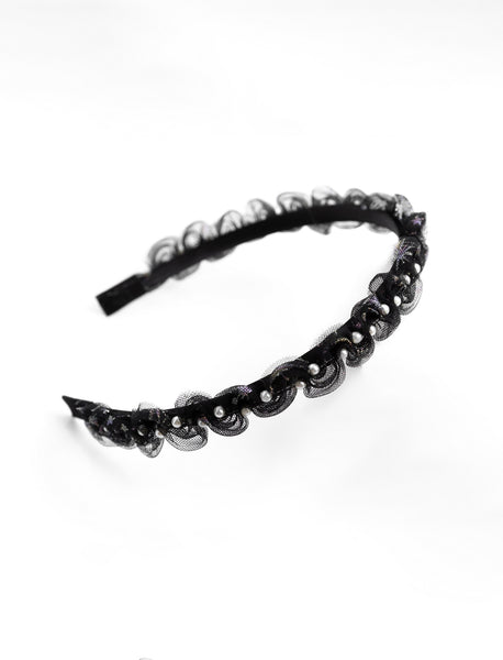 Faux Pearl Embellished Ethnic Headband- Black