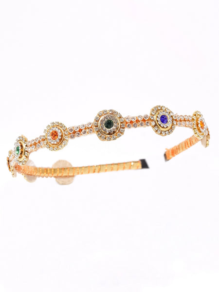 Ethnic Stone Embellished Girls Headband- Golden & Multi Coloured