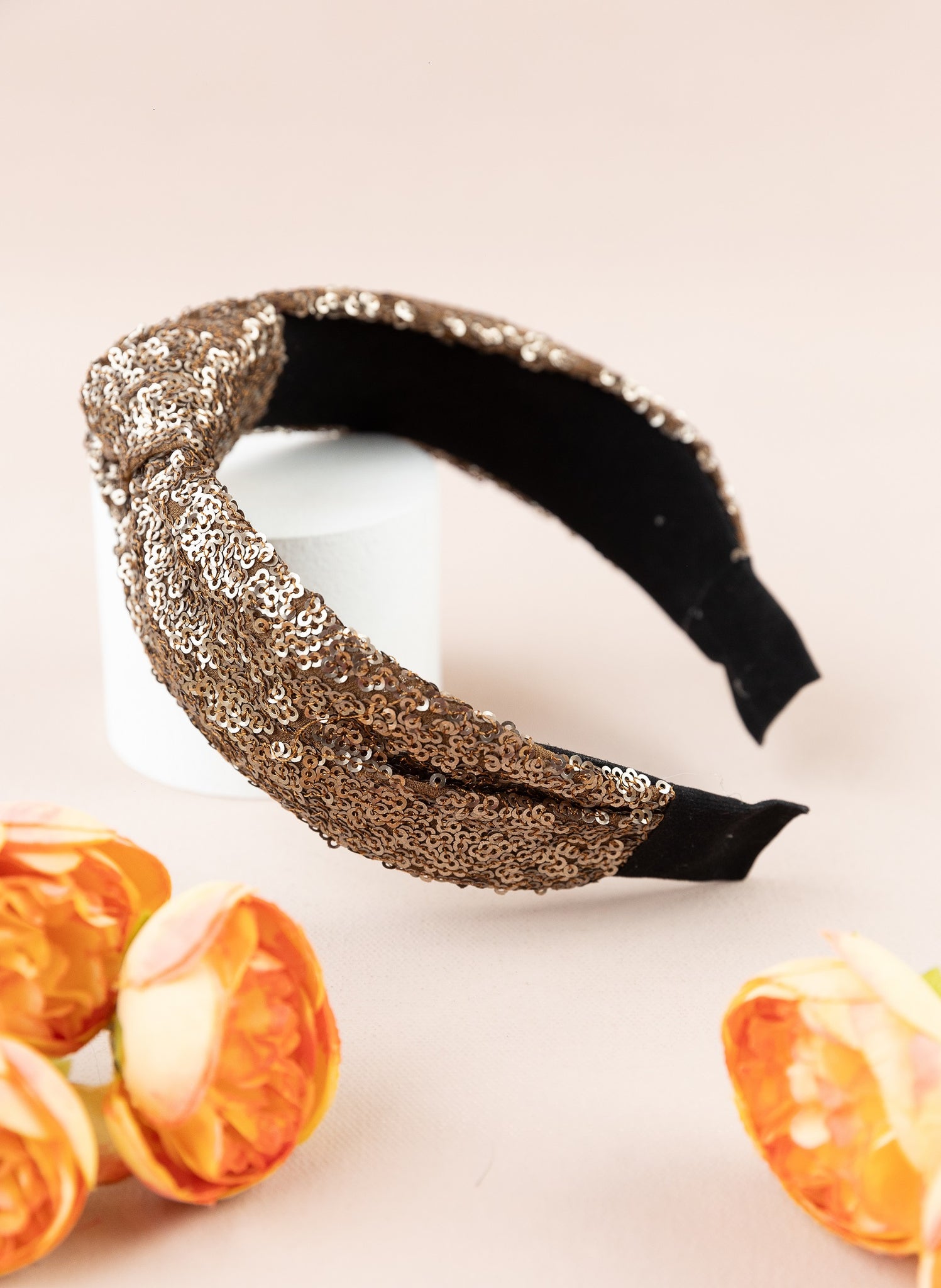 Knotted Sequin Embellished Kids Headband- Metallic Brown