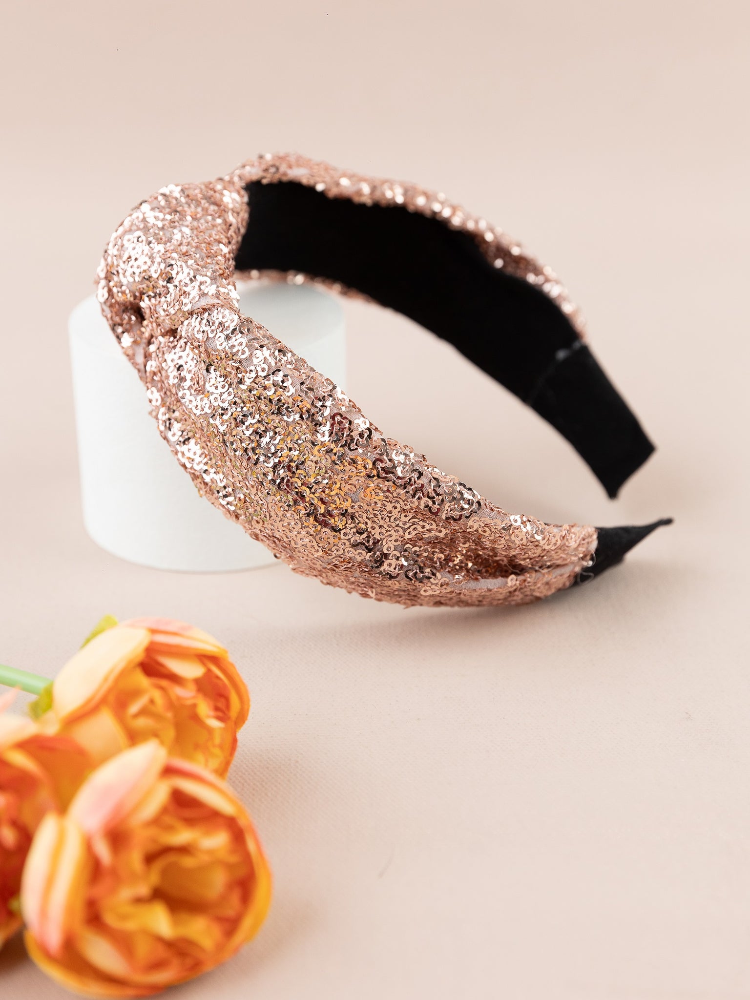 Knotted Sequin Embellished Kids Headband- Rose Gold