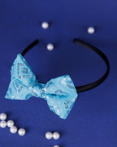 Sequins Embellished Bow Hair Band- Blue