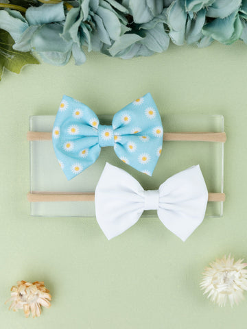 Daisy Printed Bow Headband- Light Blue & White