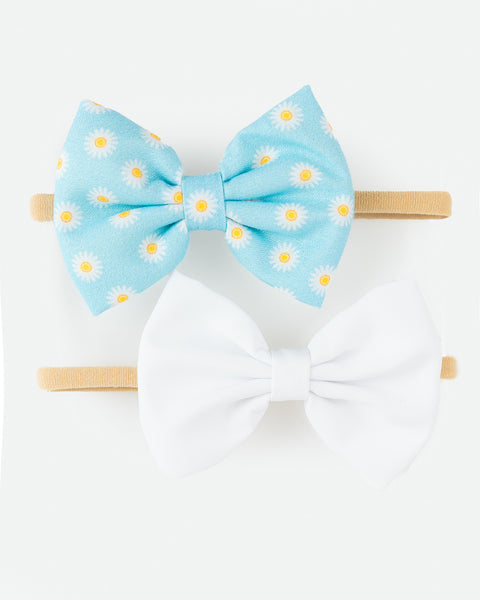 Daisy Printed Bow Headband- Light Blue & White