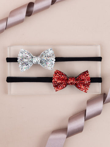 Sparkling Bow Headband Set of 2- Silver and Red