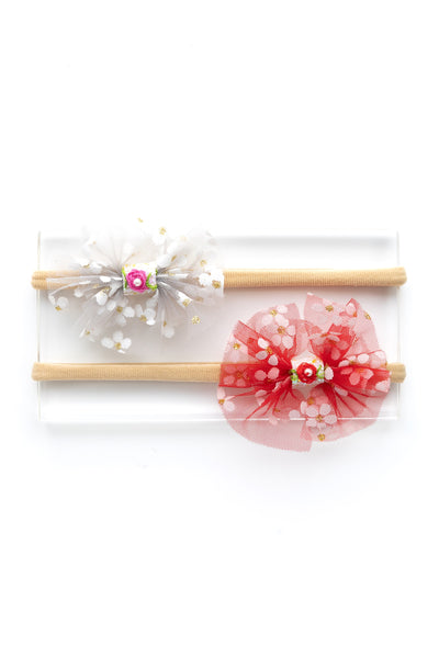 Floral Tulle Headband Set- Gray & Red