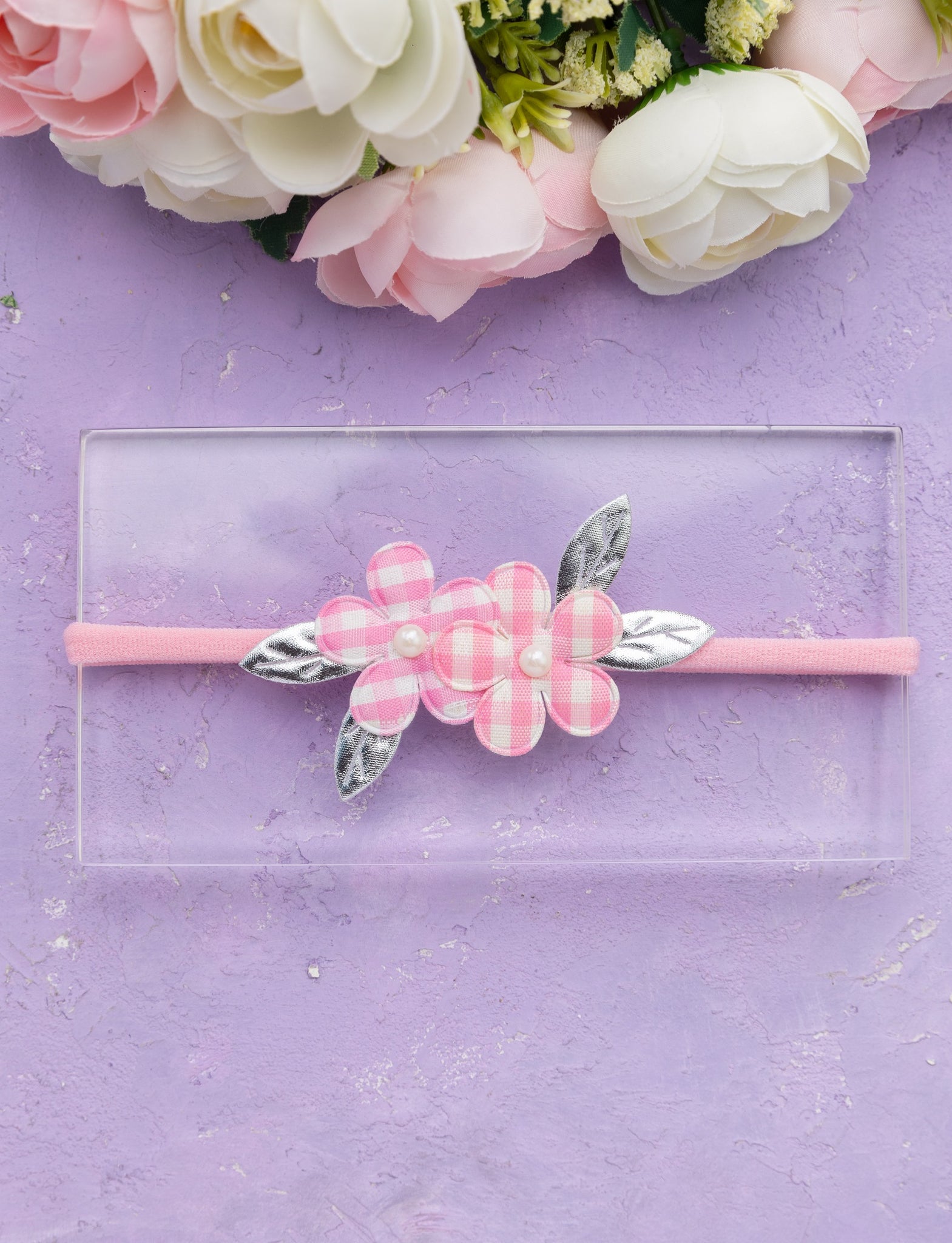 Newborn Checkered Flower Headband- Light Pink