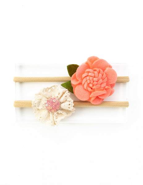 Felt & Lace Flower Headband- Peach & White