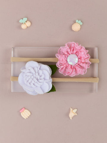 Felt and Lace Flower Detail Headbands - Light Pink & White