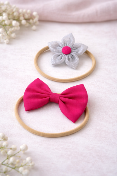 Set of 2 Flower & Bow Headbands – Pink & Grey