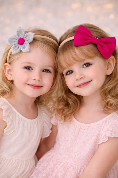Set of 2 Flower & Bow Headbands – Pink & Grey