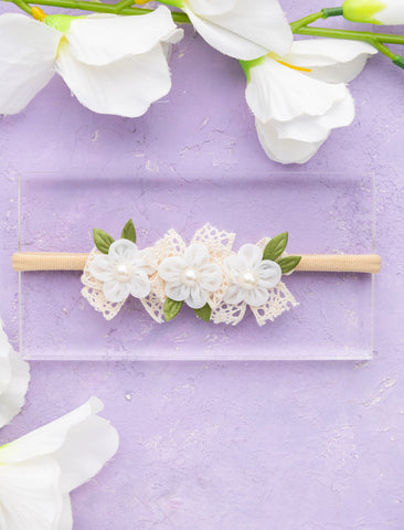 Newborn Three Flower Chiffon & Lace Headband- White