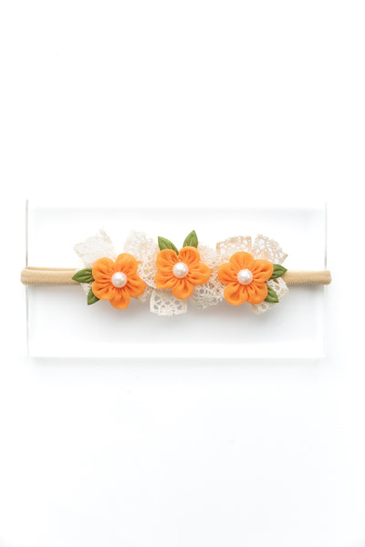 Newborn Three Flower Chiffon & Lace Headband- Orange