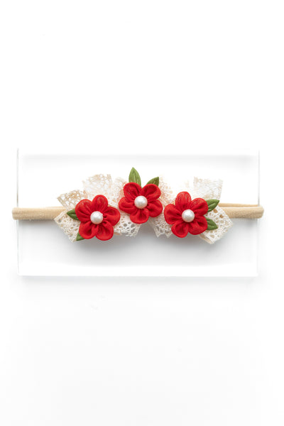 Newborn Three Flower Chiffon & Lace Headband- Red