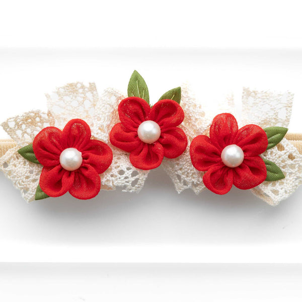 Newborn Three Flower Chiffon & Lace Headband- Red