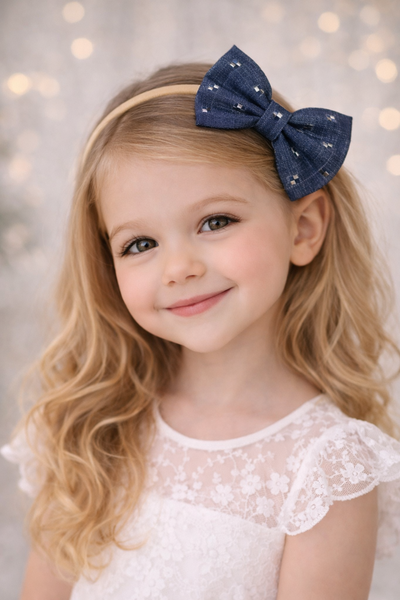 Indigo Denim Bow Headband- Grey