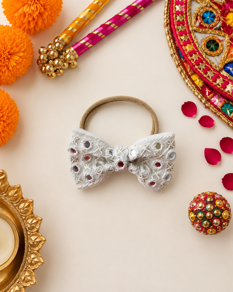 Mirrorwork Pearl Bow Headband – White