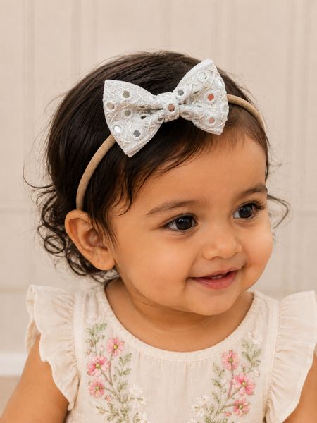 Mirrorwork Pearl Bow Headband – White