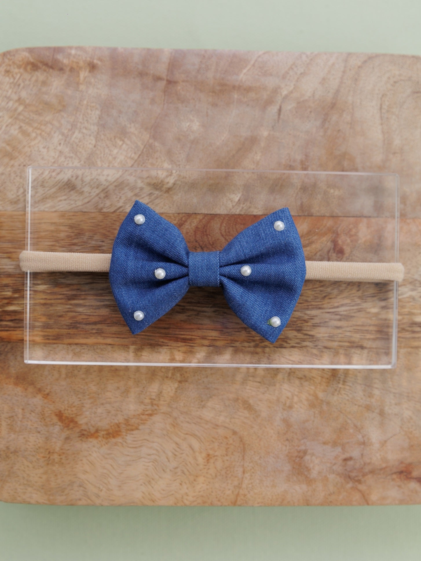 Pearl Embellished Denim Bow Head Band- Blue