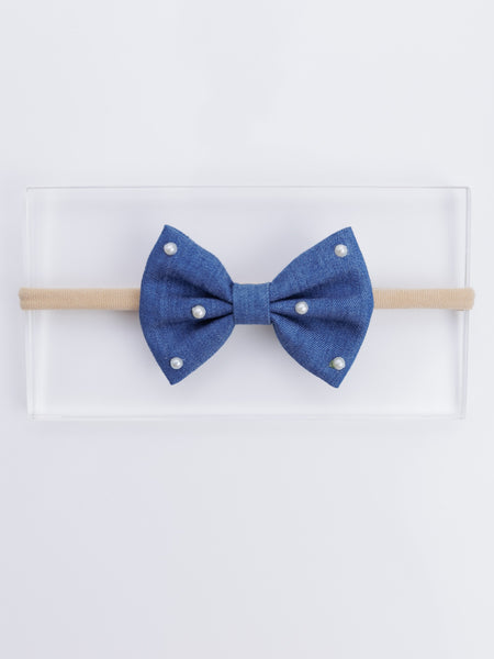 Pearl Embellished Denim Bow Head Band- Blue