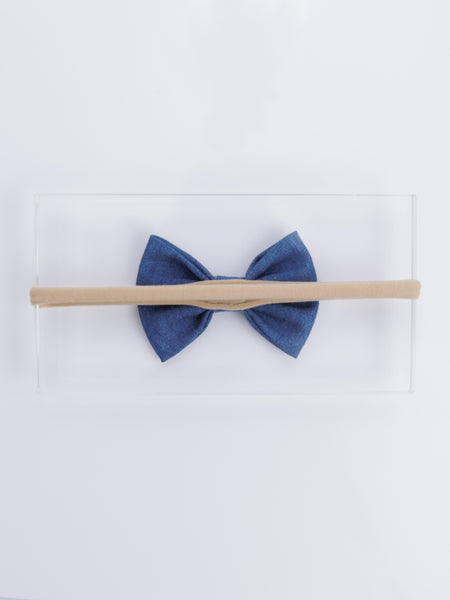 Pearl Embellished Denim Bow Head Band- Blue