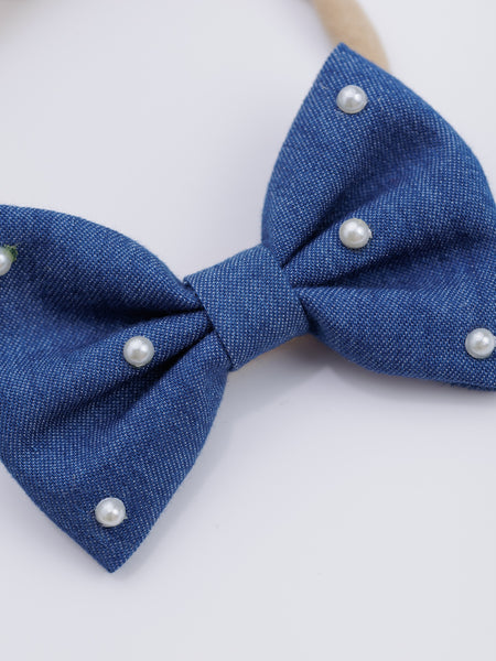 Pearl Embellished Denim Bow Head Band- Blue