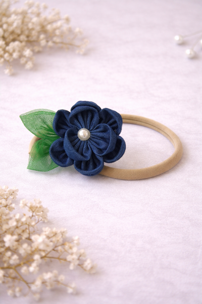 Knotty Ribbons Denim Flower With Leaves Headband- Blue