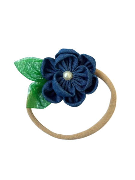 Knotty Ribbons Denim Flower With Leaves Headband- Blue