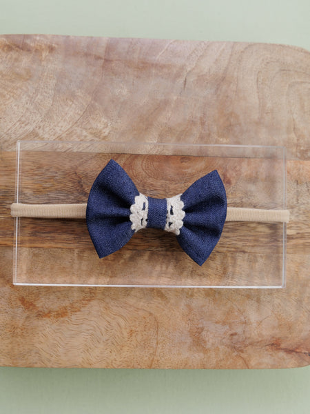 Lace Embellished Denim Bow Head Band- Dark Blue