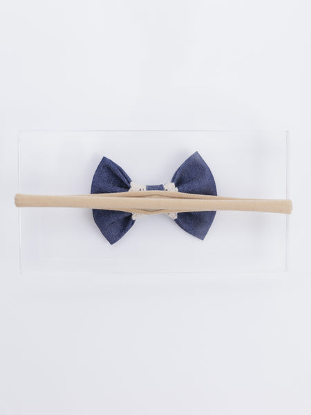 Lace Embellished Denim Bow Head Band- Dark Blue