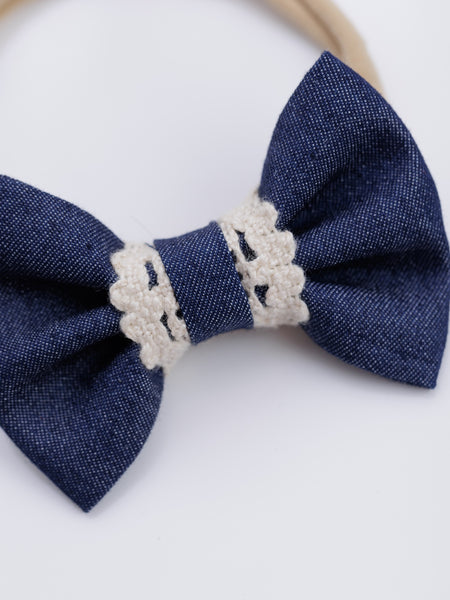 Lace Embellished Denim Bow Head Band- Dark Blue