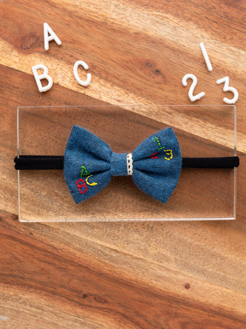 Toddler Embroidered Bow Headband- Denim Blue