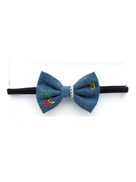 Toddler Embroidered Bow Headband- Denim Blue