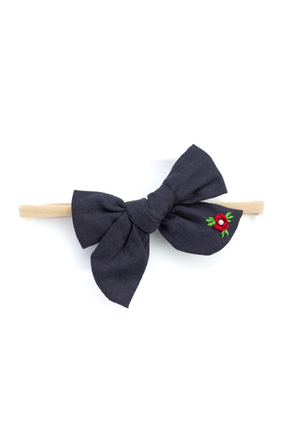 Girls Embroidered School Bow Headband- Black & Red