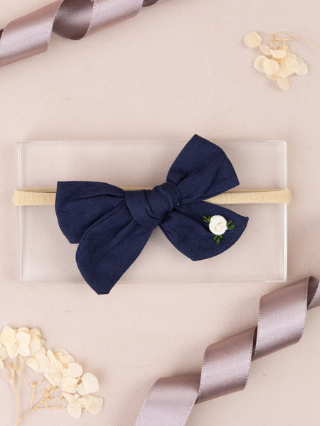 Girls Embroidered School Bow Headband- Dark Blue & White