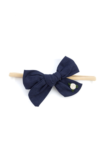 Girls Embroidered School Bow Headband- Dark Blue & White