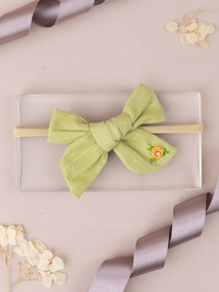 Girls Embroidered School Bow Headband- Green & Yellow