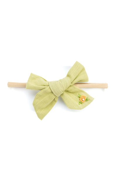 Girls Embroidered School Bow Headband- Green & Yellow