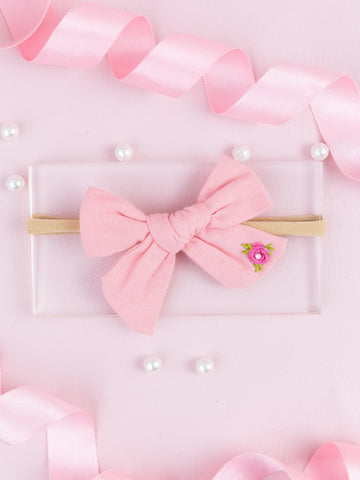 Girls Embroidered School Bow Headband- Light Pink
