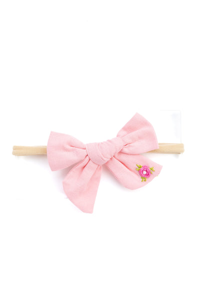 Girls Embroidered School Bow Headband- Light Pink