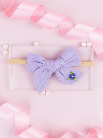 Girls Embroidered School Bow Headband- Lavender