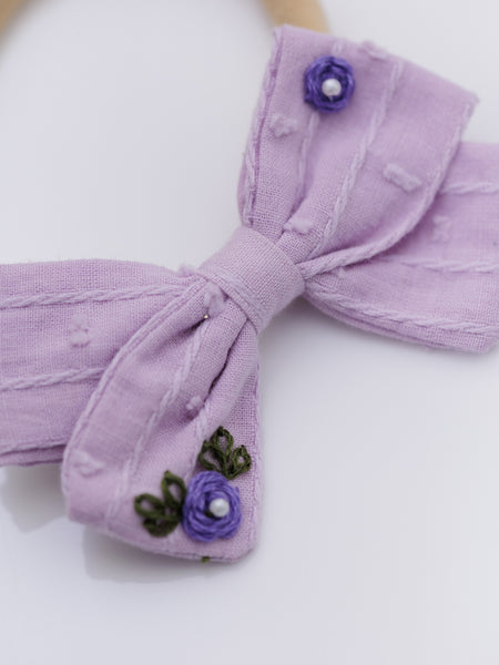 Purple Floral Embroidery with Pearl Center Bow Headband- Lavender