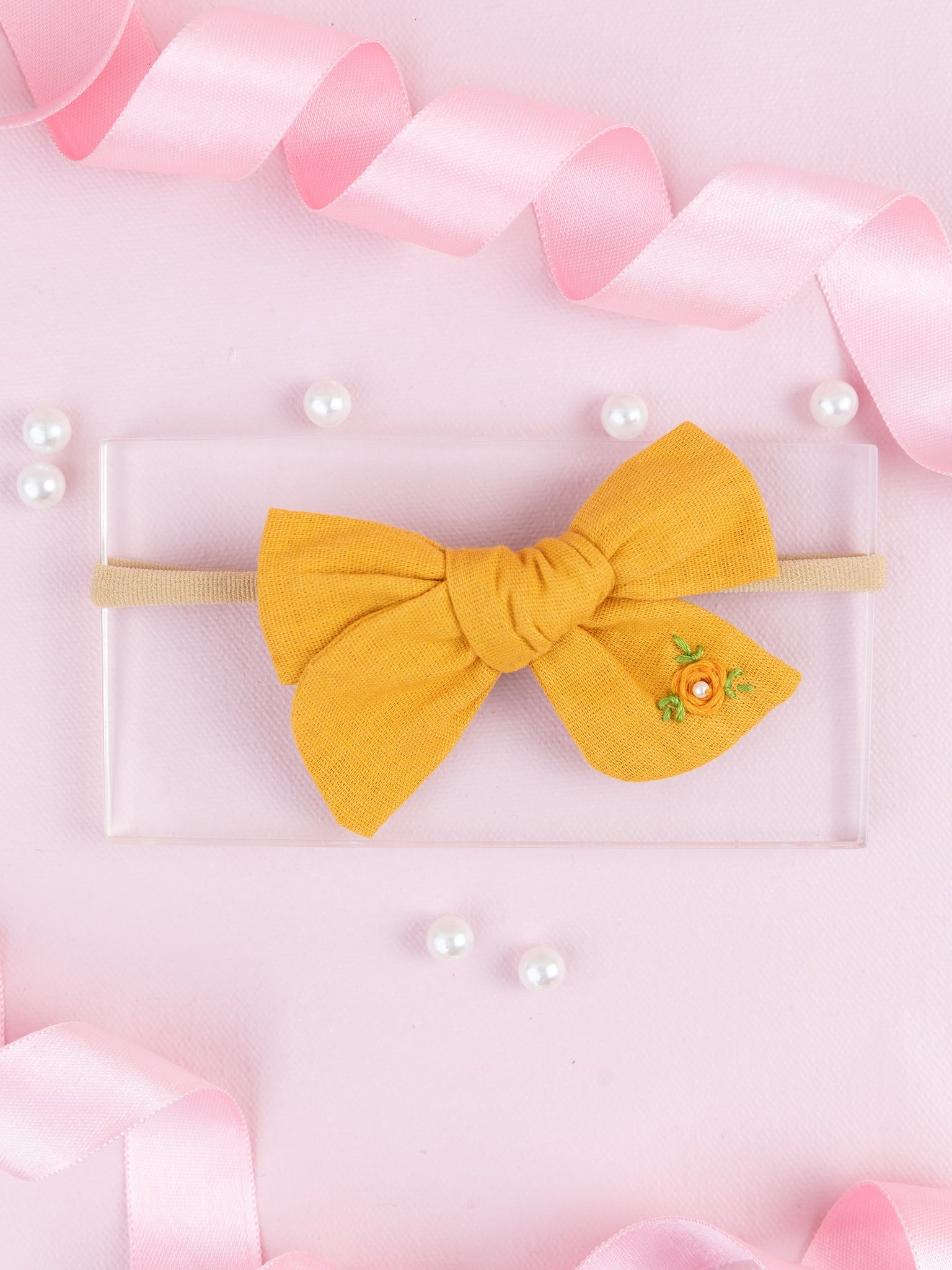 Girls Embroidered School Bow Headband- Mustard