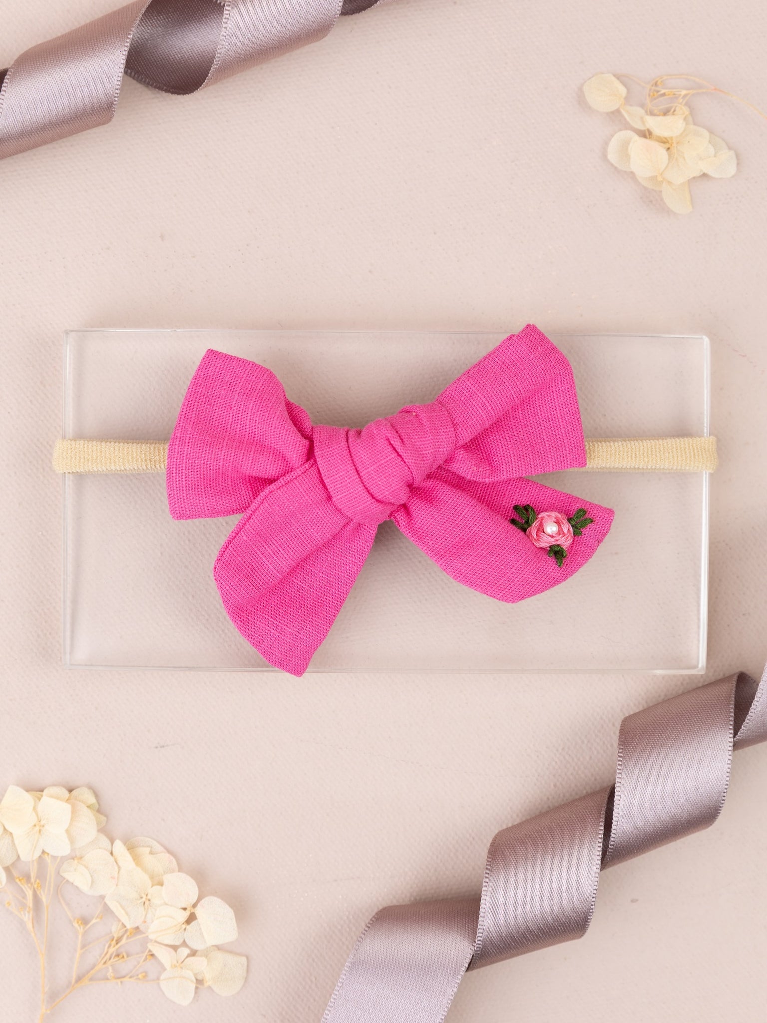 Girls Embroidered School Bow Headband- Pink