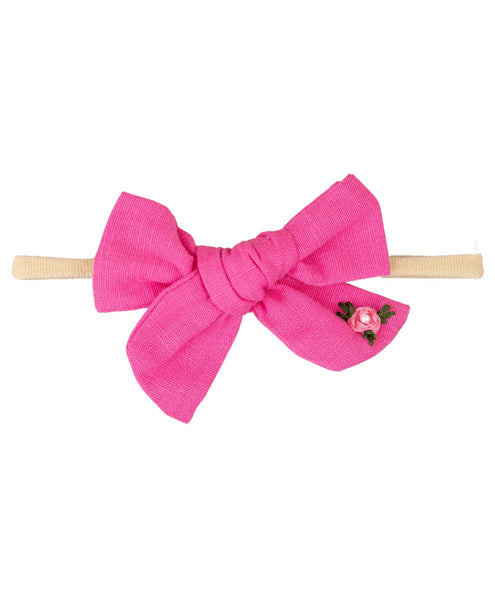 Girls Embroidered School Bow Headband- Pink