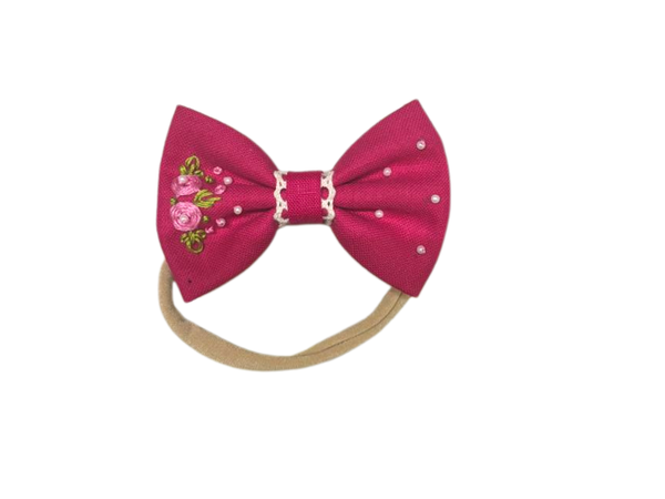 Pearl and Thread Embroidery Bow Clip- Pink