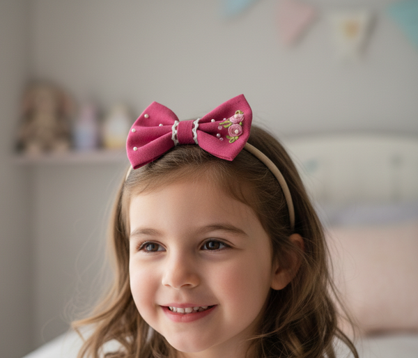 Pearl and Thread Embroidery Bow Clip- Pink